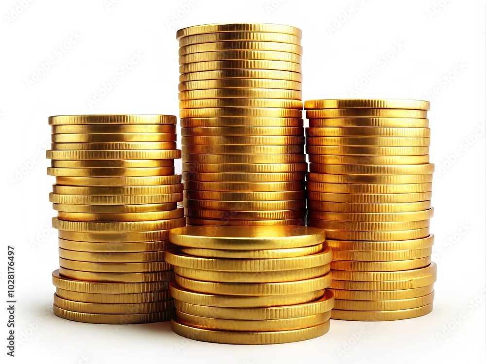 Stunning 3D Gold Coin Stack Isolated on White Background - Realistic Candid Photography of Golden Coins, Financial Assets, Wealth Representation, Investment, and Luxury Concepts Stunning 3D Gold Coin Stack Isolated on White Background - Realistic Candid Photography of Golden Coins, Financial Assets, Wealth Representation, Investment, and Luxury Concepts