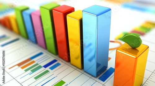 Colorful D Bar Chart with Green Leaf on Top of Highest Bar