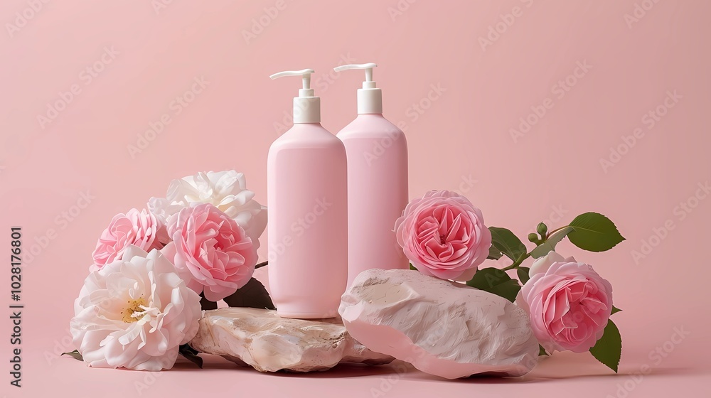 A pale pink shampoo bottles are placed next to the rock for you to use in scenes of pale pink roses and white camellias, Generative AI illustratiions. A pale pink shampoo bottles are placed next to the rock for you to use in scenes of pale pink roses and white camellias, Generative AI illustratiions.