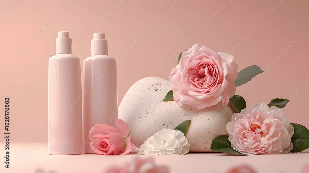 A pale pink shampoo bottles are placed next to the rock for you to use in scenes of pale pink roses and white camellias, Generative AI illustratiions. A pale pink shampoo bottles are placed next to the rock for you to use in scenes of pale pink roses and white camellias, Generative AI illustratiions.