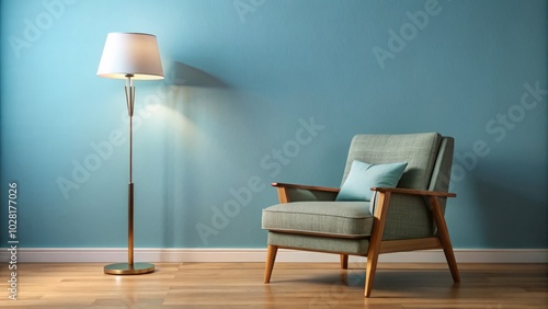 Stylish mid-century armchair paired with a sleek floor lamp, set against a soft light blue wall, creating a warm and inviting living room atmosphere.