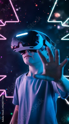 A boy wearing virtual reality glasses 