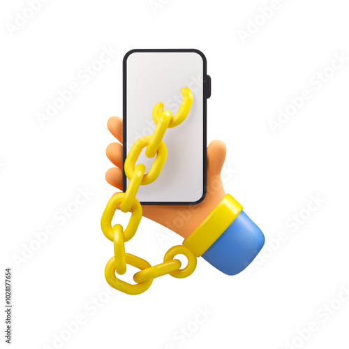 Smartphone addiction vector 3d icon isolated on white background. Doomscrolling bad habit concept. Phone in hand connected with chain