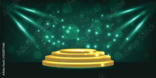 Christmas green background with round stand podium for products studio in golden blurred bokeh lights. New Year's cylindrical stage platform