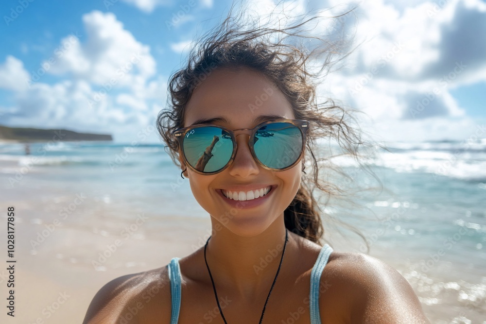 Smiling woman in sunglasses takes a selfie on a tropical beach. Smiling woman in sunglasses takes a selfie on a tropical beach.