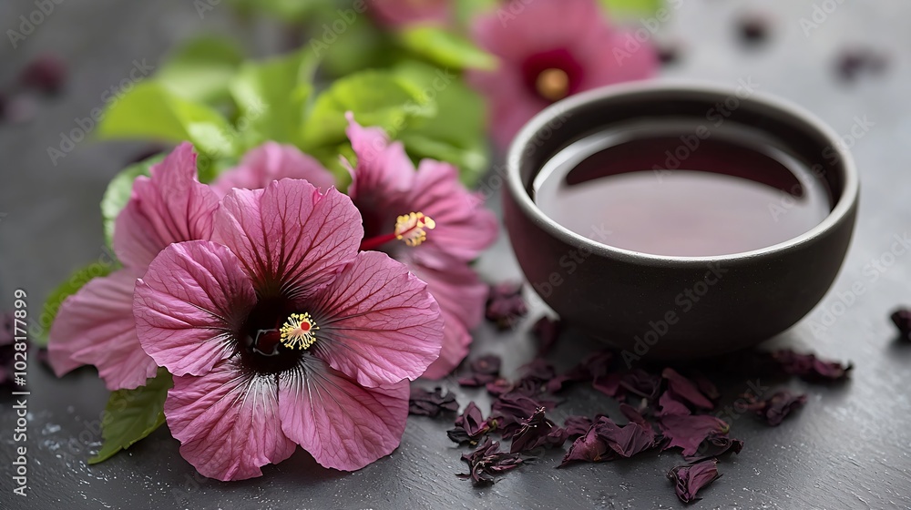 Hibiscus tea in black bowl Slate background Close up Copy space : Generative AI Hibiscus tea in black bowl Slate background Close up Copy space : Generative AI