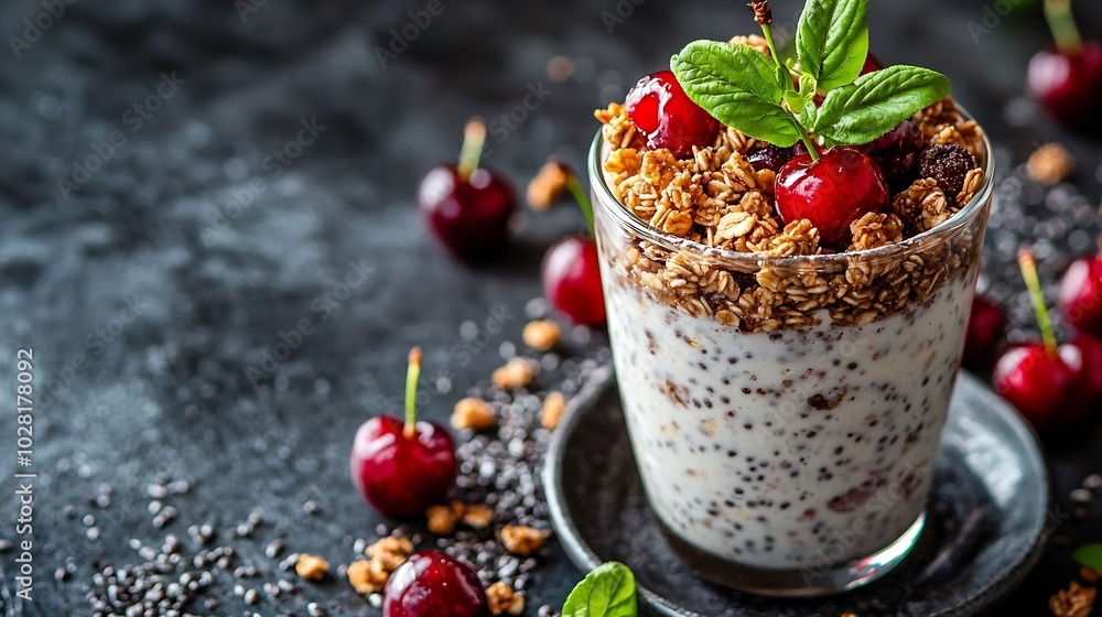 Chia seed pudding dessert with cherries and granola Healthy breakfast : Generative AI Chia seed pudding dessert with cherries and granola Healthy breakfast : Generative AI