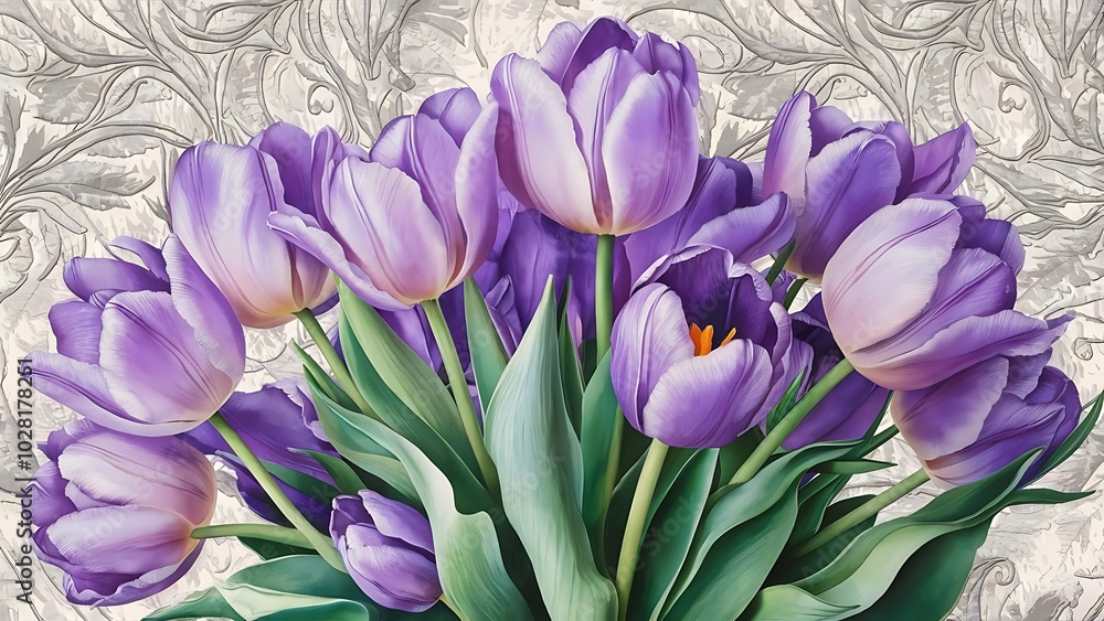 Obraz premium Purple and blue tulips watercolor illustration set. Seamless background pattern. Fabric wallpaper print texture.