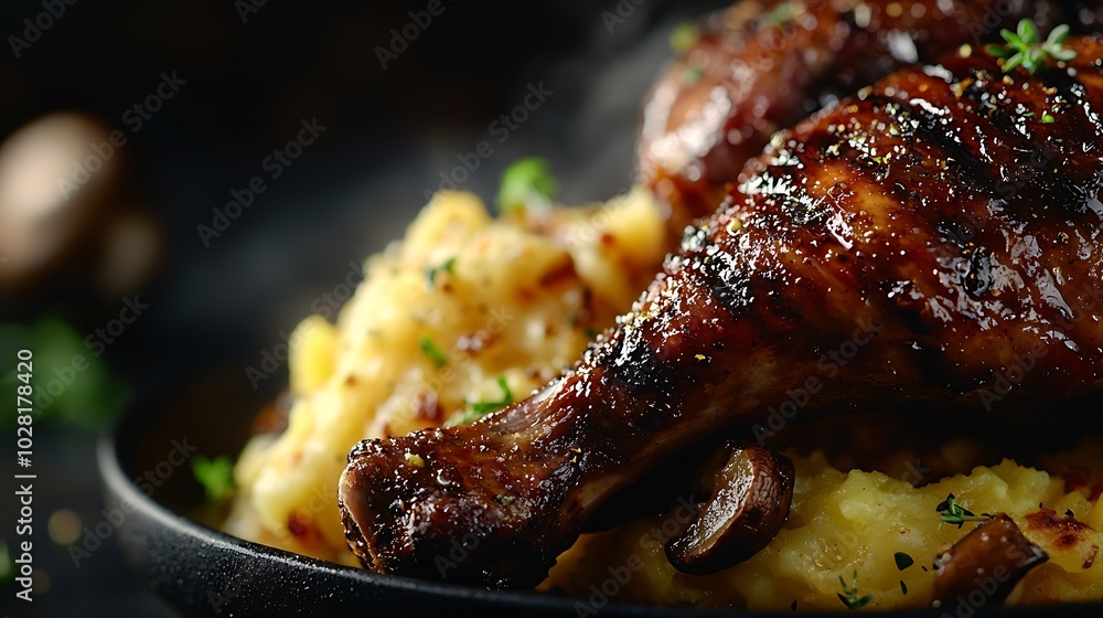 Duck legs confit with potato gratin and mushroom Close up : Generative AI Duck legs confit with potato gratin and mushroom Close up : Generative AI