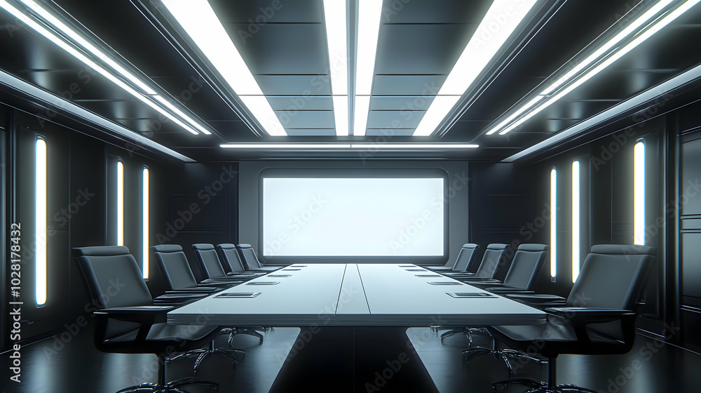 Modern futuristic boardroom with empty chairs and blank screen. Modern futuristic boardroom with empty chairs and blank screen.