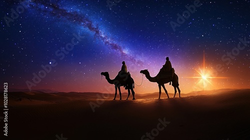 Camel Caravan Under Starry Sky at Night