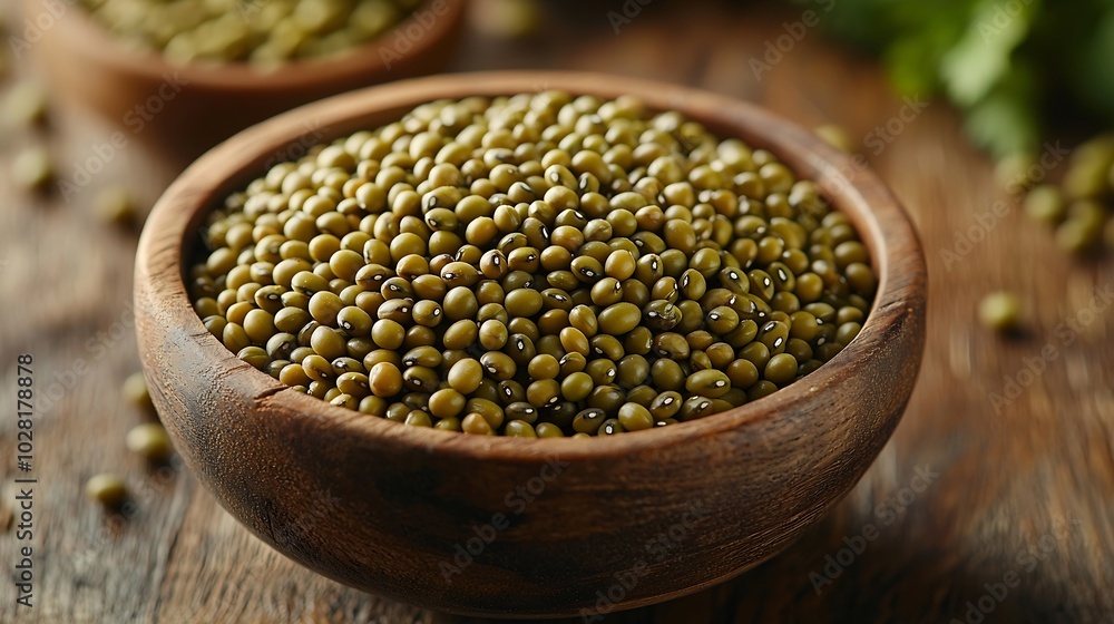 Mung bean green moong dal in wooden bowl White textile background : Generative AI Mung bean green moong dal in wooden bowl White textile background : Generative AI