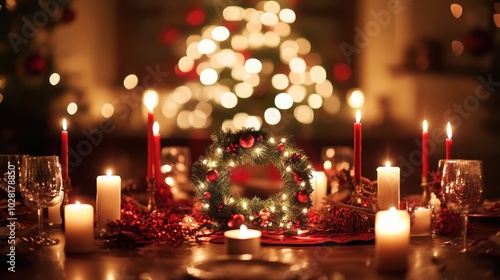 Cozy Christmas Dinner Table with Decorations and Lights