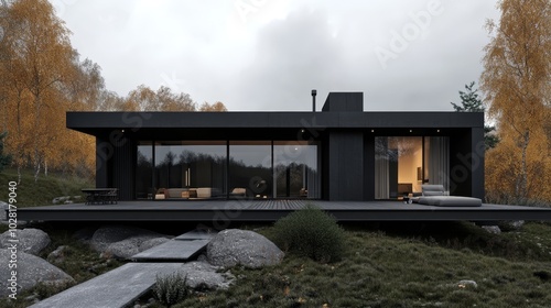 Modern Black House with Large Windows in Autumn Forest