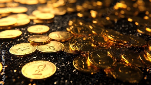 Close up of scattered golden coins on a dark surface, concept of wealth