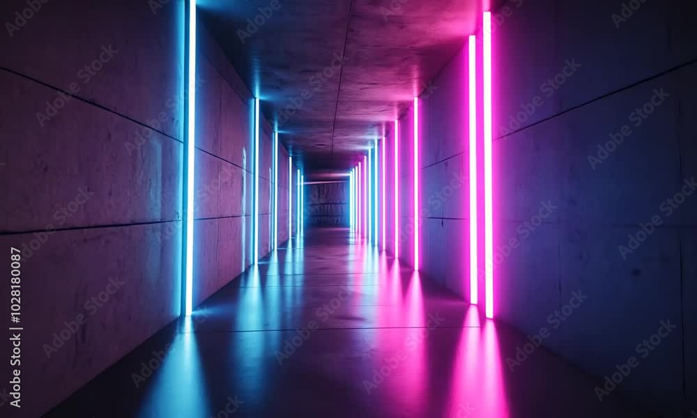 A futuristic corridor illuminated by vibrant pink and blue neon lights. A futuristic corridor illuminated by vibrant pink and blue neon lights.