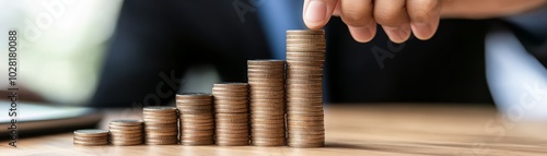 Hand Placing Coin On Top Of Stack Of Coins Financial Growth Concept