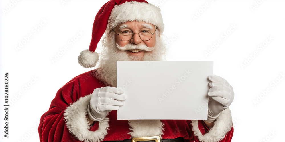 Santa Claus smiling and holding a blank white sign, ready for custom messages, perfect for holiday promotions or personalized Christmas greetings. Santa Claus smiling and holding a blank white sign, ready for custom messages, perfect for holiday promotions or personalized Christmas greetings.
