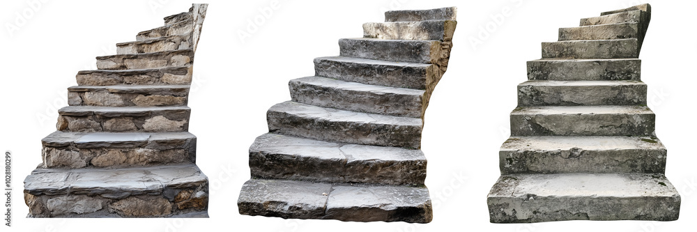 A stone staircase with worn steps leading upwards, isolated on a transparent background. The weathered texture and uneven edges suggest age and frequent use, giving a rustic, historic appearance A stone staircase with worn steps leading upwards, isolated on a transparent background. The weathered texture and uneven edges suggest age and frequent use, giving a rustic, historic appearance