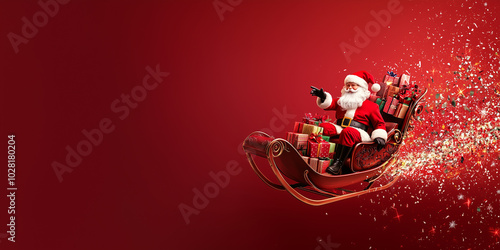 Santa Claus riding a sleigh full of presents against a vibrant red background, symbolizing holiday joy, gift-giving, and the magic of Christmas.