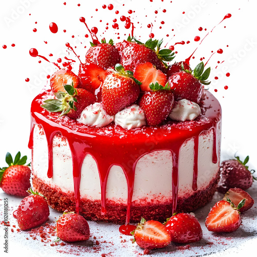 Strawberry Cake with Red Glaze and Whipped Cream.