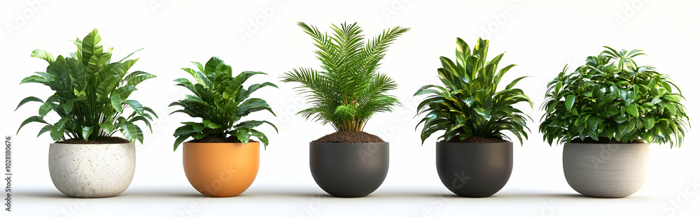 Five potted plants in a row. Five potted plants in a row.