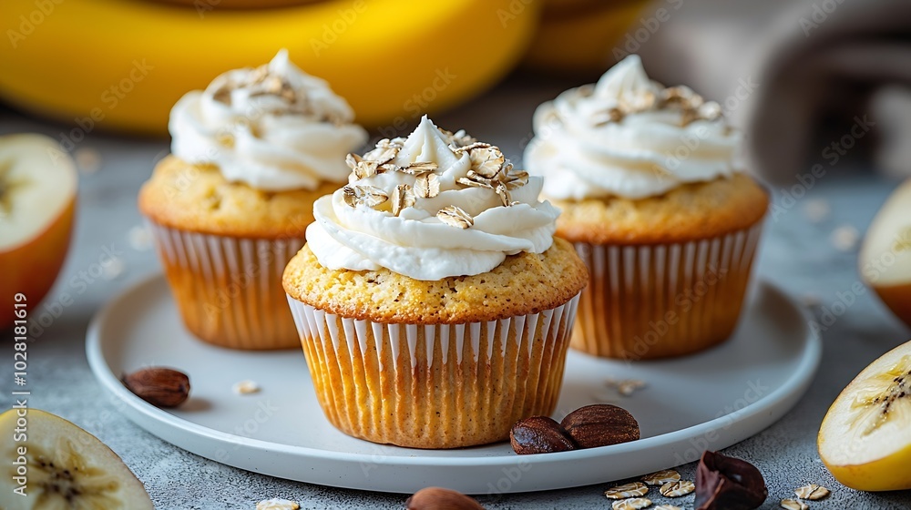 Oat muffins apple and banana cakes with sour cream on a white plate Blue background : Generative AI Oat muffins apple and banana cakes with sour cream on a white plate Blue background : Generative AI