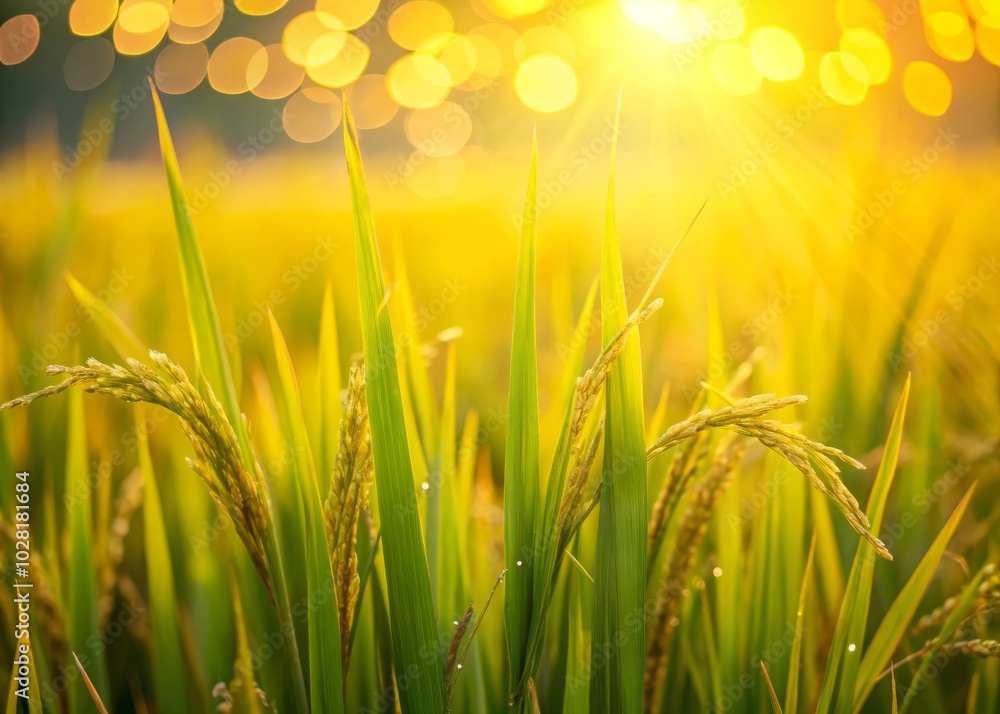 Sunlit Jasmine Rice Grass in a Field with Soft Yellow Bokeh for Fashion Photography Background Sunlit Jasmine Rice Grass in a Field with Soft Yellow Bokeh for Fashion Photography Background