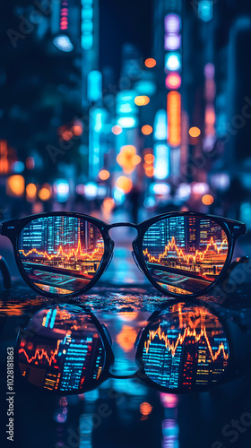 City nightscape reflecting stock data