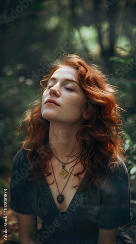 Redhead Woman in the Forest with Eyes Closed