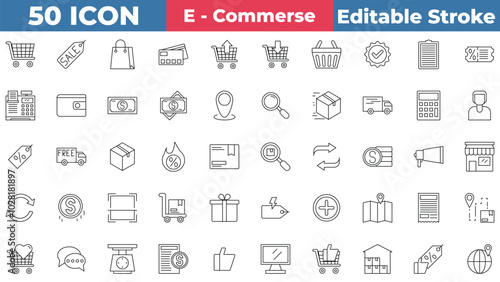 Ecommerce icon collection set. Shopping, Tracking, Globe, Pin Location, Payment Bill, Tax, Money, Store, Card, Trolley, And More. Editable stroke outline icon.