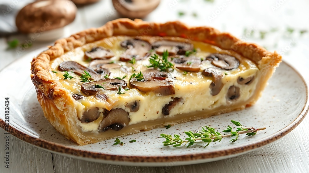 Mushroom champignon pie quiche slice on a ceramic plate on a white wooden background : Generative AI Mushroom champignon pie quiche slice on a ceramic plate on a white wooden background : Generative AI