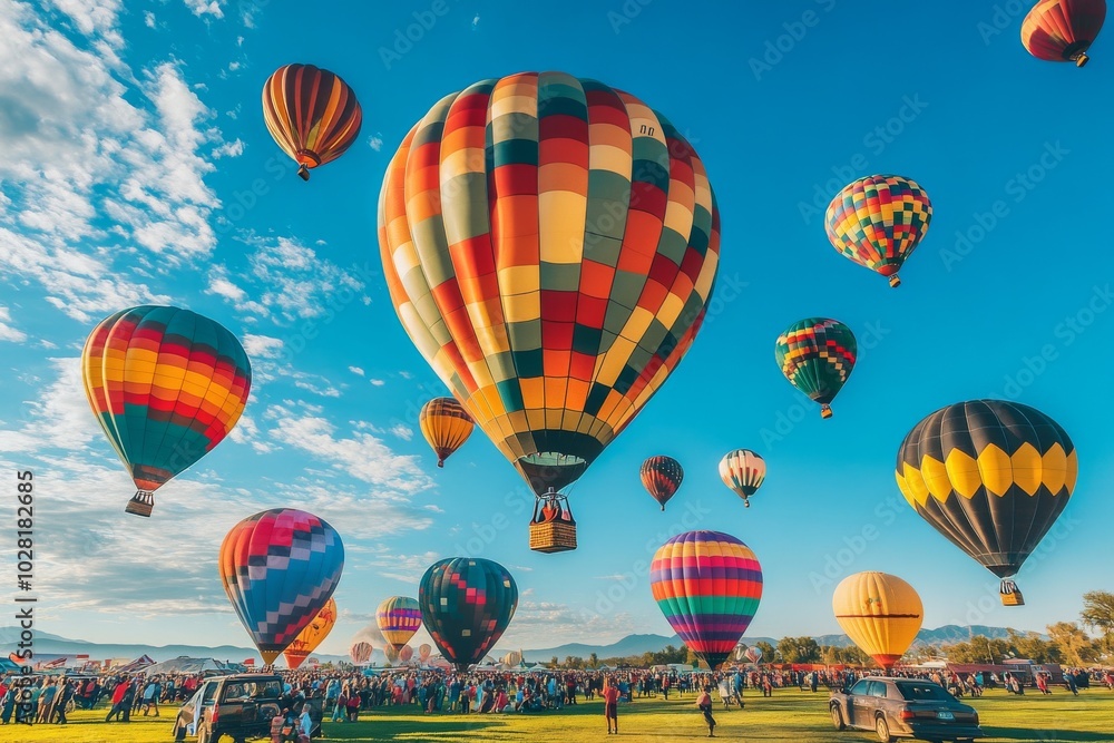 Fototapeta premium A vibrant array of hot air balloons ascend against a backdrop of a clear blue sky, with a crowd of onlookers gathered in the field below.