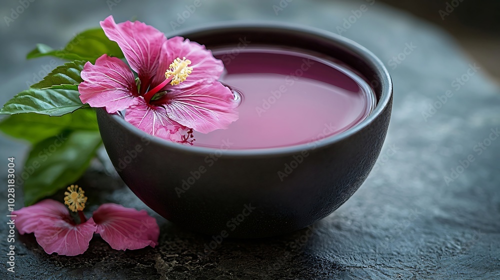 Hibiscus tea in black bowl Grey slate background Copy space : Generative AI Hibiscus tea in black bowl Grey slate background Copy space : Generative AI