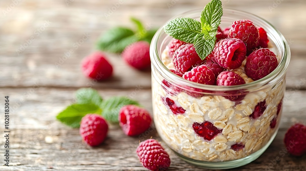 Overnight oats bircher muesli with raspberry in a glass jar on wooden table background Close up : Generative AI Overnight oats bircher muesli with raspberry in a glass jar on wooden table background Close up : Generative AI