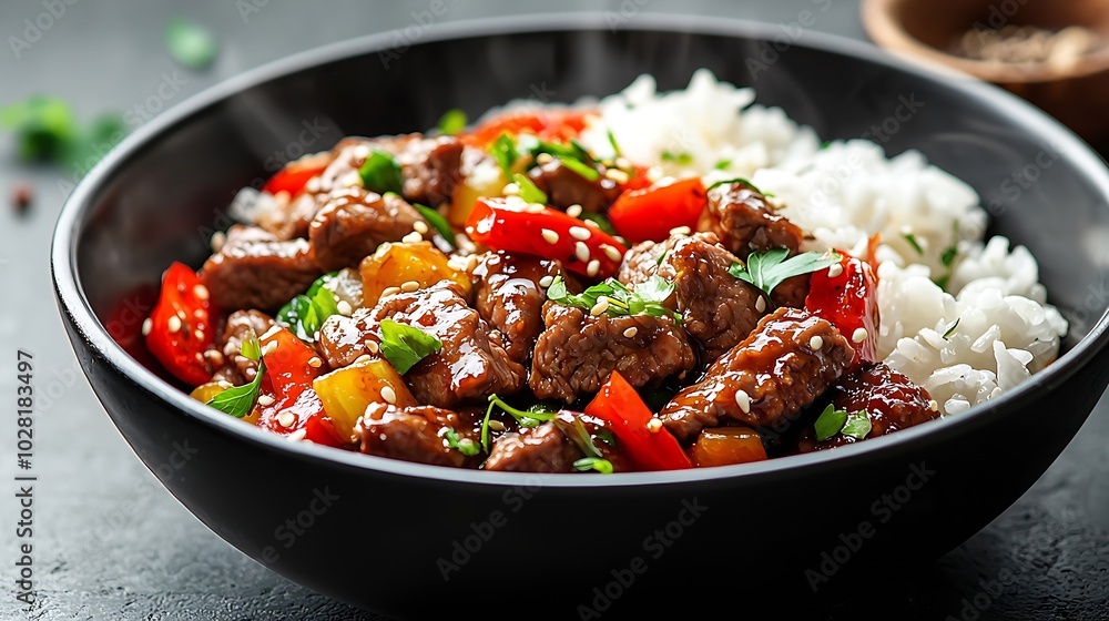 Beef and vegetables stir fry with white rice in a black bowl Grey background Close up : Generative AI Beef and vegetables stir fry with white rice in a black bowl Grey background Close up : Generative AI