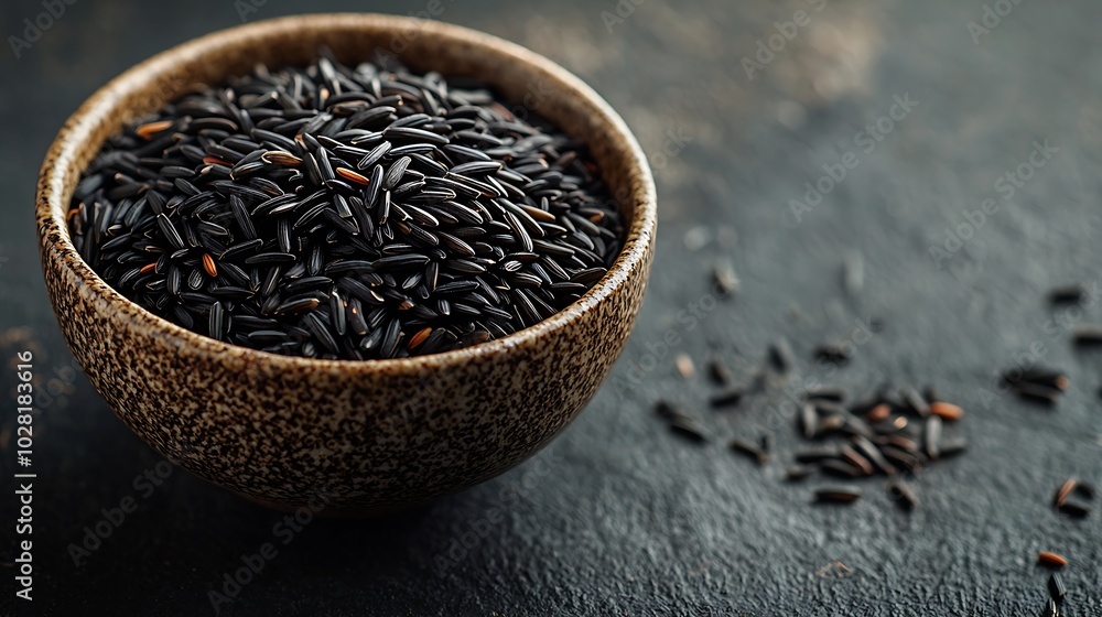 Black wild rice in a bowl Grey stone background : Generative AI Black wild rice in a bowl Grey stone background : Generative AI