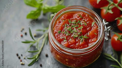 Tomato sauce in a glass jar with fresh herbs tomatoes and olive oil Top view Slate background : Generative AI