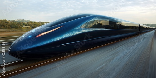 High-speed bullet train racing through a picturesque countryside landscape, showcasing speed and technology in modern transportation. Future travel innovation concept