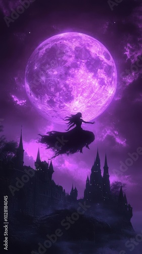 Halloween day,Flying Witch and Moonlight in dark night and castle,the witch riding a broom through the full moon,witch flying on a broomstick across a moon,Vector illustration,website, card.