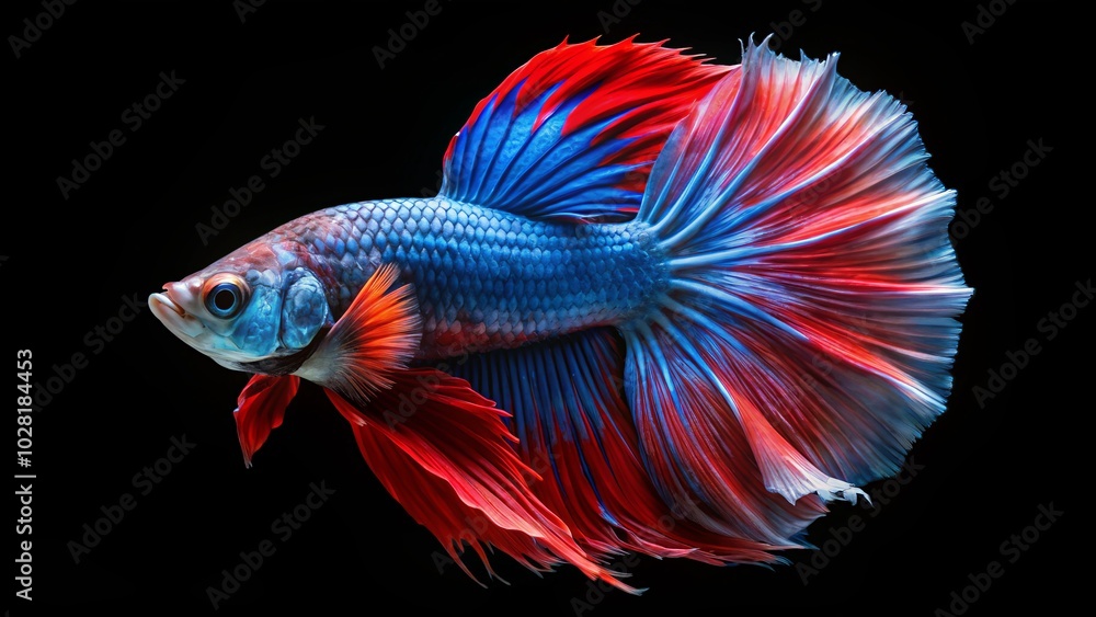 Vibrant betta fish in striking red and blue hues contrasts beautifully against a black background, creating stunning aquarium art that captivates and delights the eye. Vibrant betta fish in striking red and blue hues contrasts beautifully against a black background, creating stunning aquarium art that captivates and delights the eye.