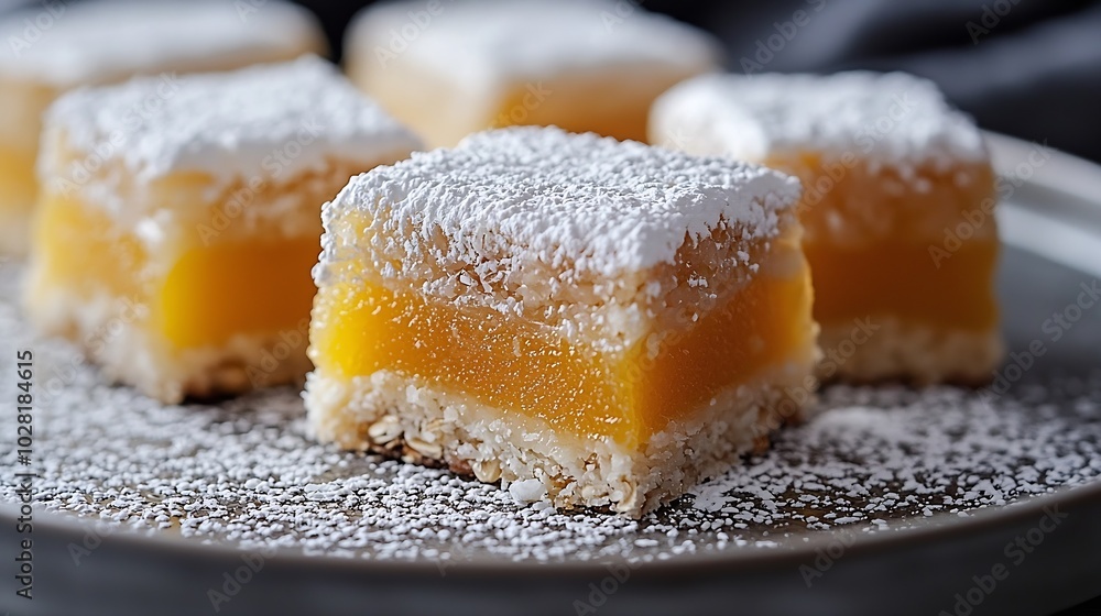 Oat coconut apricot bars with white chocolate on a plate Grey background Close up : Generative AI Oat coconut apricot bars with white chocolate on a plate Grey background Close up : Generative AI