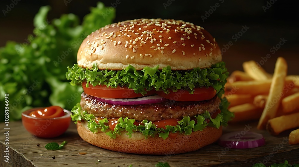 Burger hamburger with french fries ketchup mustard and fresh vegetables on a cutting wooden board : Generative AI Burger hamburger with french fries ketchup mustard and fresh vegetables on a cutting wooden board : Generative AI