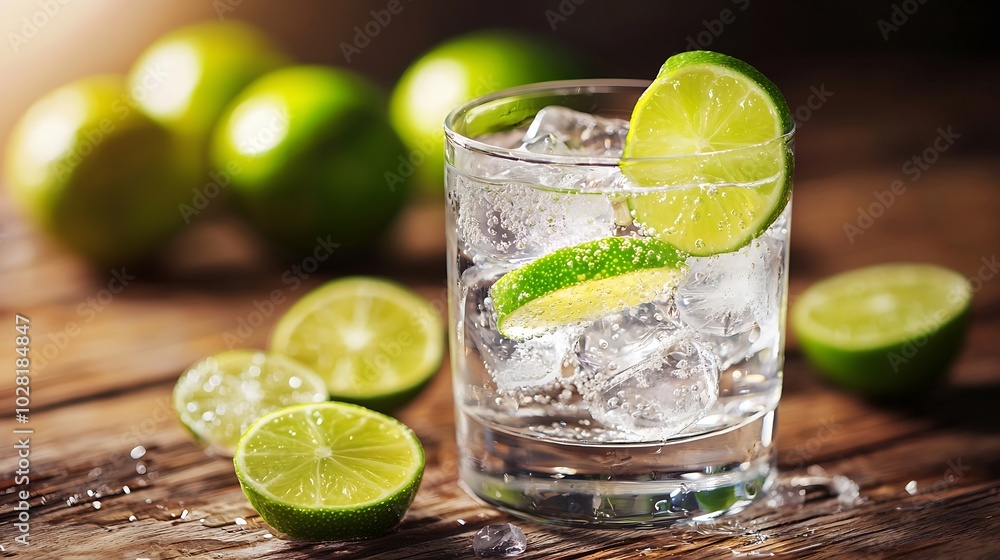 Fototapeta premium Gin tonic in glass with ice and lime slice on a wooden background Selective focus : Generative AI