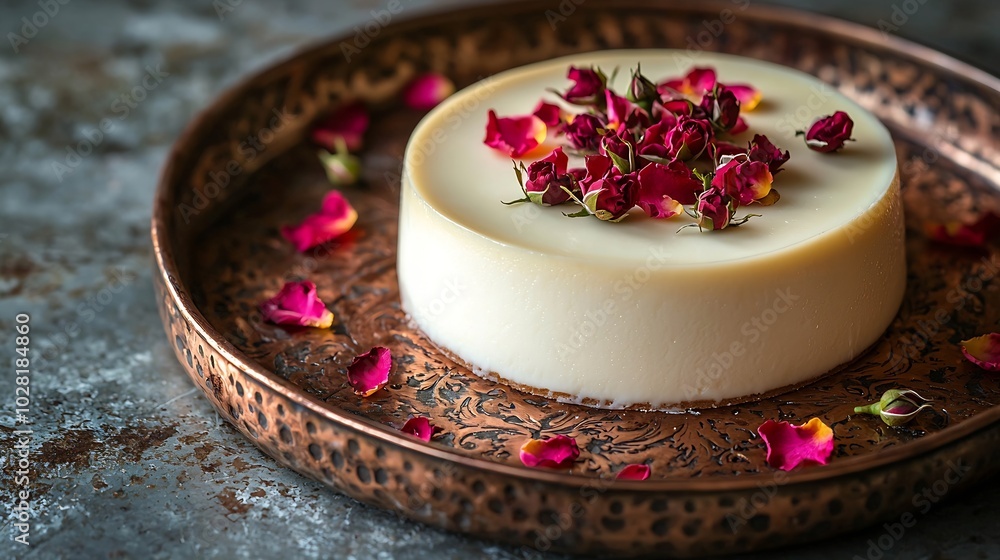White creamy panna cotta with rose petals confiture on top on a copper tray : Generative AI White creamy panna cotta with rose petals confiture on top on a copper tray : Generative AI