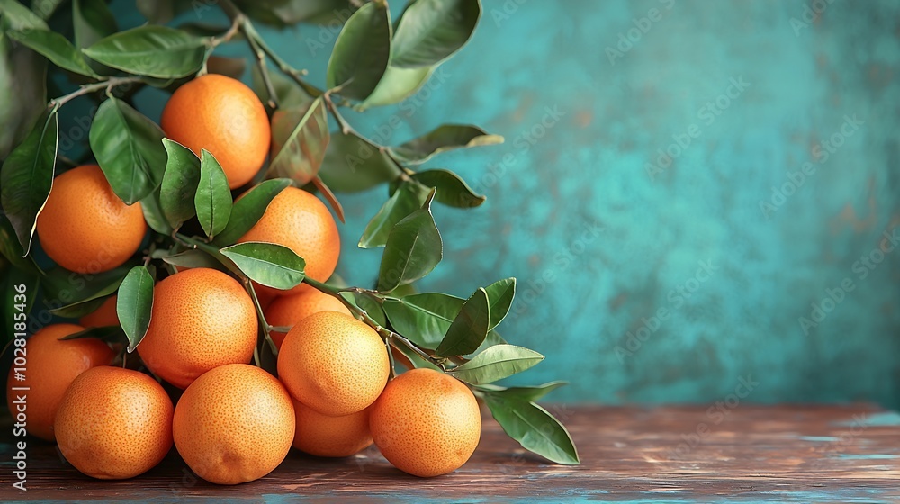 Tangerines on a brown wooden table on a blue background : Generative AI Tangerines on a brown wooden table on a blue background : Generative AI