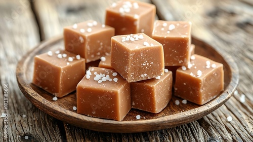 Caramel fudge candies on a plate Wooden background Close up : Generative AI