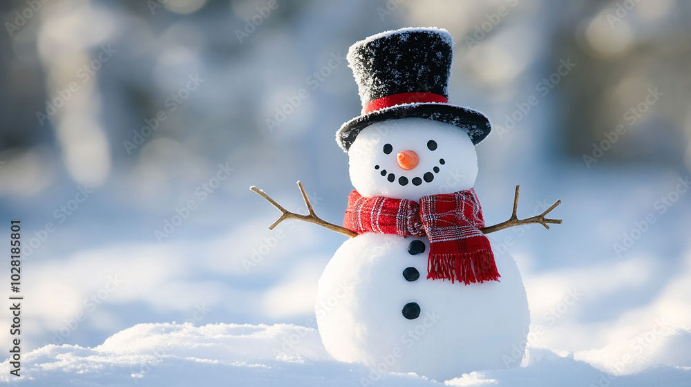 Obraz premium A cute snowman with stick arms, a scarf, and a top hat