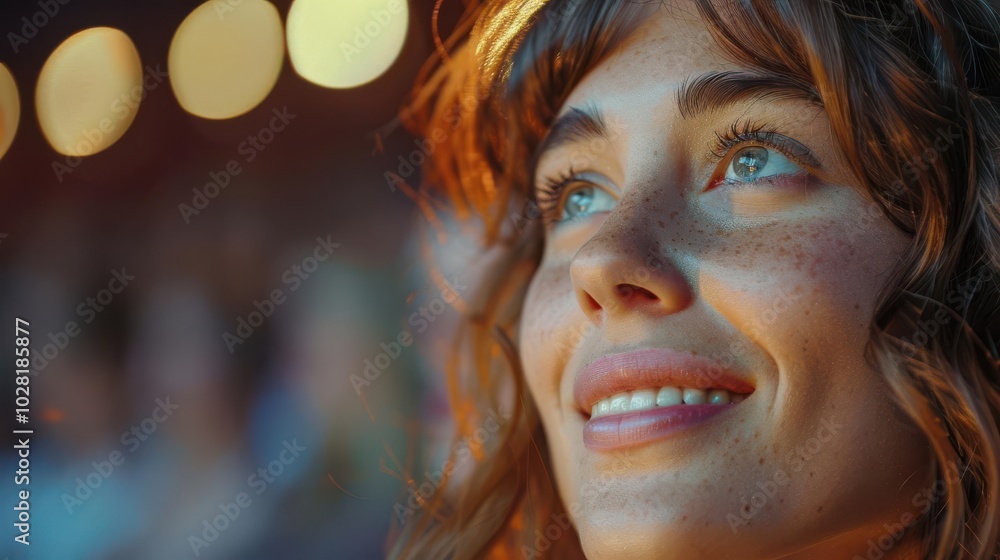 Woman smiling softly with bokeh lights in the background Woman smiling softly with bokeh lights in the background