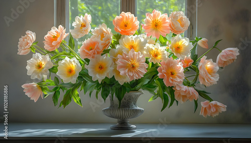 Bouquet of Peach and Cream Peonies in an Ornate Vase.